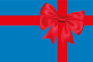 Red bow on gift with blue background and cross ribbon